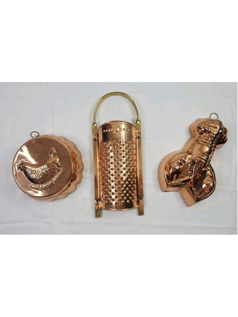 3 Peice Vintage Copper Wall Decor Hen, Lobster, Cheese Grater Cottage Core